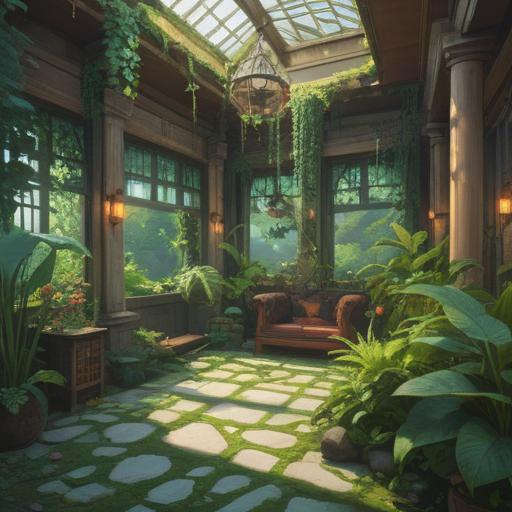 A serene indoor garden filled with various healing plants, vibrant green foliage, intertwined with sparkling lucky stones, soft sunlight filtering through the leaves, creating a calm and peaceful atmosphere, detailed textures of the leaves and stones, harmonious color palette, tranquil setting, 4k