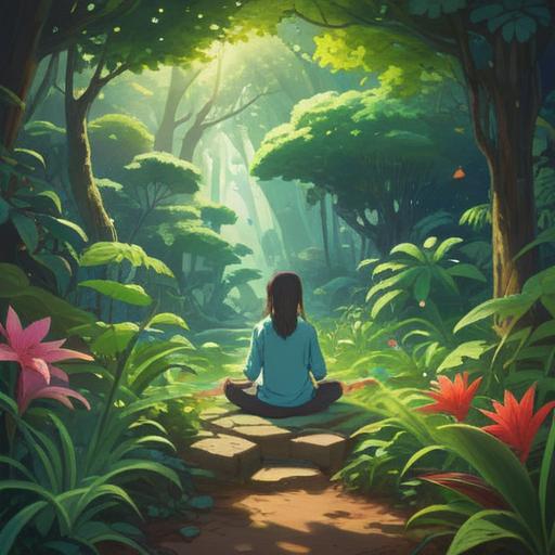 A serene scene depicting a person meditating in a lush garden, vibrant plants surrounding them, ethereal light filtering through leaves, a sense of tranquility and connection with nature, gentle whispers of foliage, spiritual symbols subtly integrated into the environment, peaceful atmosphere, uplifting energy, harmonious coexistence with plants, 4k