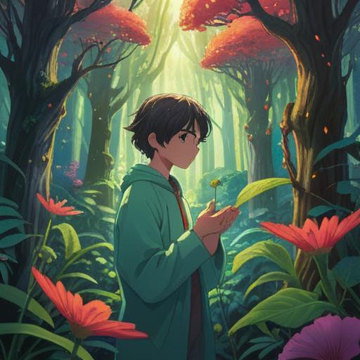 A serene forest setting, a person gently touching a plant, ethereal light surrounding them, symbols of spiritual signs in the air, a sense of connection between human and nature, vibrant greenery, calm and reflective atmosphere, nature's wisdom, harmony with the environment, 4k