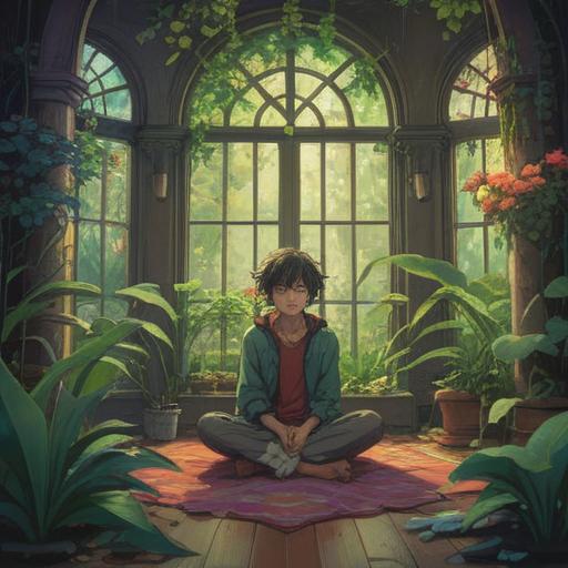 A serene indoor setting, a person sitting cross-legged surrounded by various vibrant plants, engaging in conversation with a large, wise-looking potted plant, warm sunlight streaming through a window, soft shadows, calming atmosphere, detailed botanical elements, enchanting and uplifting ambiance, harmonious connection with nature, 4k