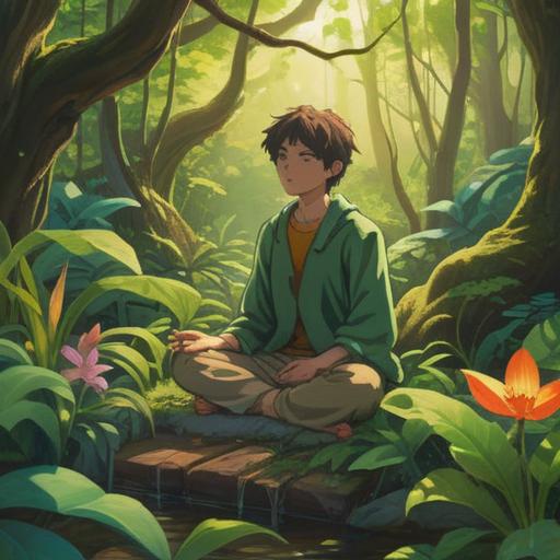 A serene nature scene, a person meditating among lush greenery, vibrant plants surrounding them, soft sunlight filtering through leaves, a sense of tranquility and grounding, colorful flowers blooming, gentle breeze rustling the foliage, peaceful expression on the person’s face, 4k