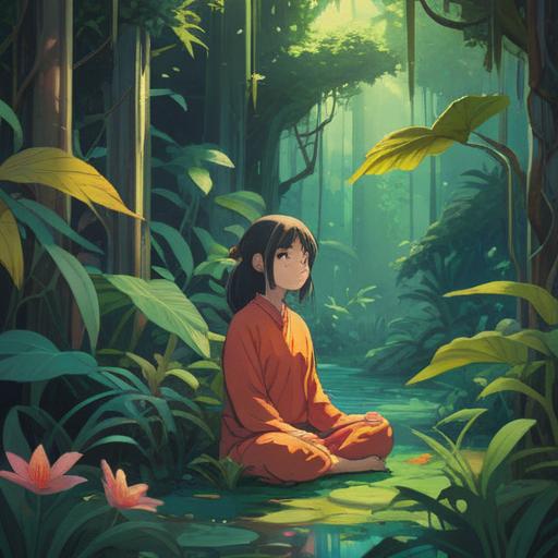 A serene and tranquil scene depicting a person meditating in a lush garden filled with vibrant plants, ethereal light filtering through the leaves, symbols of growth and renewal surrounding them, an aura of peace and enlightenment, rich greenery, vivid colors, a sense of connection with nature, 4k