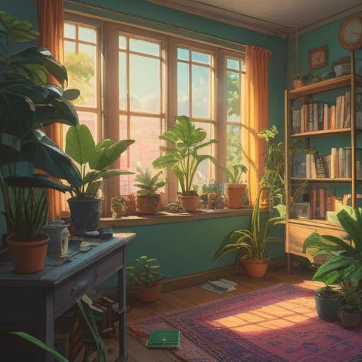 A serene and colorful illustration of various plants thriving in a sunlit room, soft sunlight streaming through the window, harmonious energy surrounding the plants, symbolic spiritual connection, vibrant green leaves, uplifting atmosphere, peaceful interior setting, enchanting details, 4k
