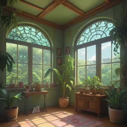 A serene indoor setting, various houseplants thriving, gentle sunlight streaming through the window, soft green hues, a meditative atmosphere, subtle spiritual symbols in the background, calming energy, signs of growth and renewal, 4k