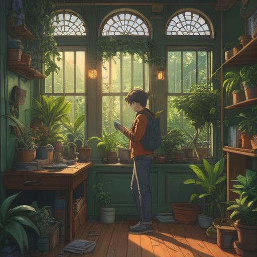 A vibrant illustration of a person joyfully interacting with various plants in a cozy indoor space, sunlight streaming through the windows, lush greenery surrounding them, cheerful expressions, a feeling of tranquility and good fortune, colorful pots and delicate flowers, harmonious atmosphere, 4k
