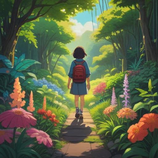 A serene scene depicting a person walking through a lush garden, surrounded by vibrant plants and flowers, sunlight filtering through the leaves, a gentle smile on their face, feet lightly touching the grass, conveying a sense of joy and connection with nature, harmonious colors, tranquil atmosphere, nature’s beauty enriching daily life, 4k