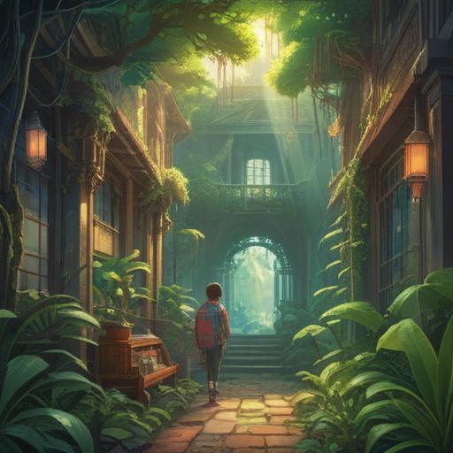 A serene and tranquil scene depicting a person surrounded by a vibrant collection of plants, lush greenery, soft sunlight filtering through leaves, a sense of peace and connection to nature, symbolic elements representing growth and spirituality, gentle expressions, meditative posture, harmonious colors, 4k