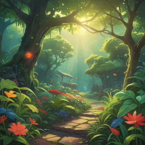 A serene garden scene, lush green plants, sunlight filtering through leaves, symbols of spiritual growth, vibrant flowers representing love, gentle breeze rustling leaves, harmonious atmosphere, vibrant colors, essence of peace and tranquility, 4k