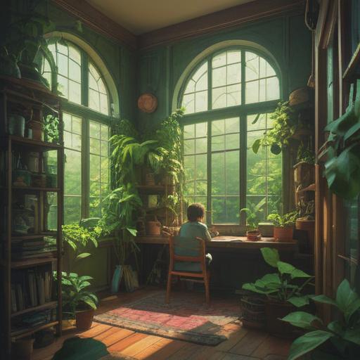 A serene indoor scene featuring a cozy corner filled with various lush green plants, sunlight streaming through a window, a person tending to the plants with a joyful expression, rich textures of leaves and soil, warm and inviting atmosphere, peaceful and harmonious vibes, 4k