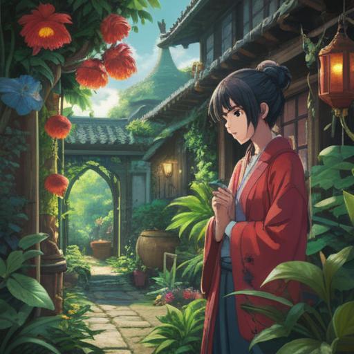 A serene and enchanting scene depicting a person immersed in a lush garden, vibrant plants surrounding them, a sense of tranquility and connection with nature, soft sunlight filtering through the leaves, whimsical butterflies fluttering around, spiritual energy flowing, harmonious colors and textures, 4k