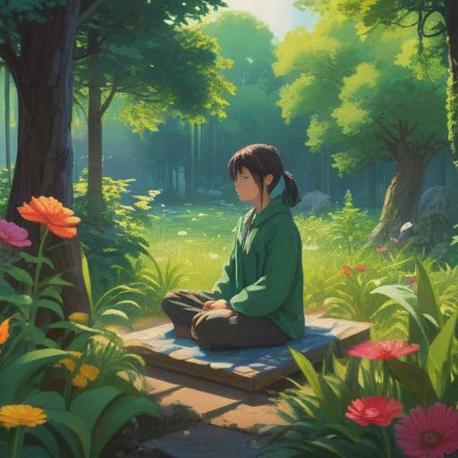 A serene garden scene with lush green plants, soft morning light filtering through the foliage, a person meditating peacefully among the flowers, vibrant colors symbolizing growth and harmony, peaceful expression reflecting spirituality, gentle breeze rustling leaves, tranquility and connection to nature, 4k
