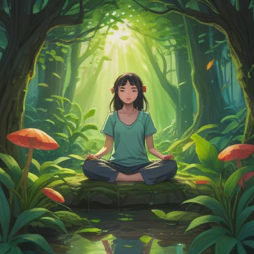 A serene nature scene, vibrant green plants, sunlight filtering through leaves, ethereal glow, delicate flowers with spiritual symbols, a person meditating nearby, warm soothing atmosphere, connection with nature, peaceful reflection, 4k