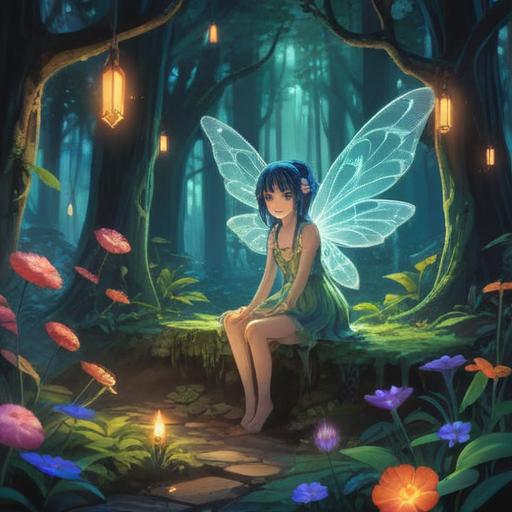 A mystical scene depicting a fairy in a serene forest, soft glowing lights surrounding her, delicate flowers and lush greenery, an ethereal aura highlighting spiritual symbols like feathers and crystals, the fairy interacting gently with nature, a sense of tranquility and awareness, vibrant colors, dreamlike atmosphere, enchanting details, 4k