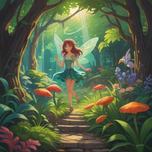 An idyllic scene depicting a variety of plants thriving in a lush garden, tiny fairies interacting playfully with flowers and leaves, sparkling sunlight filtering through green foliage, harmonious coexistence between nature and magical beings, vibrant colors showcasing diverse flora, serene atmosphere, enchanting details in fairy designs, 4k
