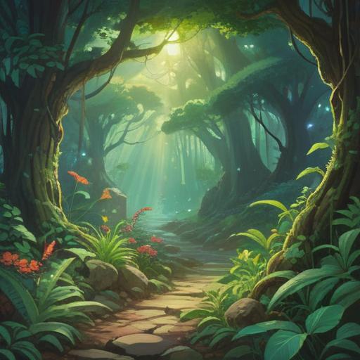 A serene nature scene, vibrant green plants, ethereal sunlight filtering through leaves, spiritual symbols subtly intertwined with foliage, a calm atmosphere reflecting mindfulness, lush garden setting, whispers of tranquility, harmonious balance, 4k