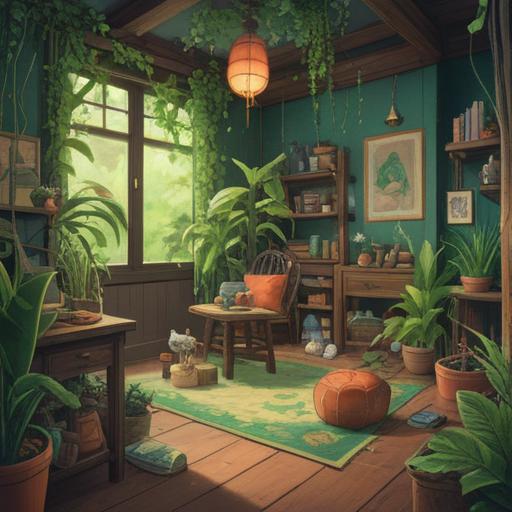 A serene illustration of lucky items for relaxation, featuring lush green plants, soothing natural elements, gentle sunlight filtering through leaves, a cozy corner with cushions, botanical details, positive energy ambiance, harmonious color palette, 4k