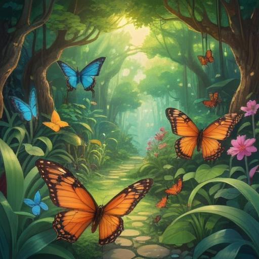 A vibrant and lush garden scene, diverse plants thriving together, harmonious ecosystem, sunlight filtering through green leaves, butterflies fluttering, rich soil teeming with life, birds perched on branches, colorful flowers blooming, a sense of tranquility and balance, 4k