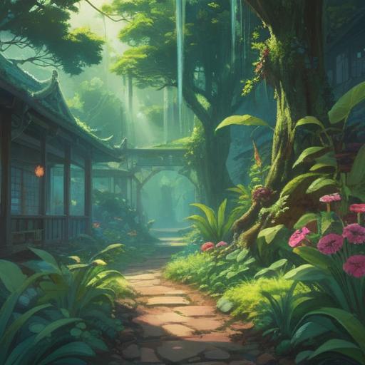 A serene and ethereal scene depicting a lush garden filled with vibrant green plants, sunlight filtering through leaves, gentle mist rising from the ground, colorful flowers blooming, a tranquil atmosphere evoking a sense of spiritual renewal, soft glowing orbs of light symbolizing purity and clarity, delicate creatures like butterflies and birds fluttering around, inviting a feeling of peace and harmony, 4k