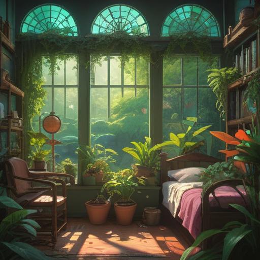 A serene and tranquil scene depicting a lush indoor garden filled with various plants, soft sunlight streaming through a window, a meditative figure observing the greenery, ethereal symbols of spiritual signs such as flowing energy and glowing orbs, peaceful atmosphere, interconnectedness with nature, enhancing purification energy, harmonious balance, detailed foliage, 4k