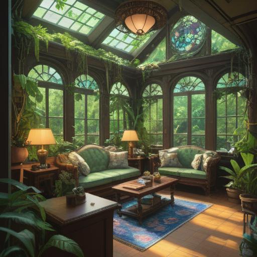 A serene indoor garden space, vibrant green plants, soft natural light filtering through large windows, cozy seating area surrounded by lush foliage, calming atmosphere, intricate plant arrangements, harmonious balance of nature and interior design, inviting and peaceful environment, 4k