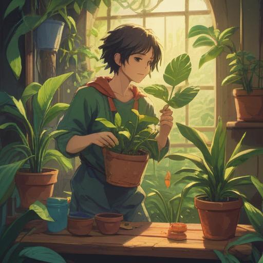 A serene illustration depicting a person gently releasing a potted plant into the air, ethereal light surrounding them, symbolic representation of letting go and transformation, vibrant nature elements in the background, soft flowing robes, peaceful facial expression, connection to nature and spirituality, tranquil atmosphere, 4k