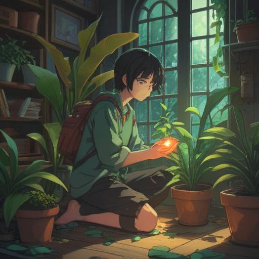 A serene scene depicting a person gently letting go of a potted plant, surrounded by a soft ethereal glow, symbols of transformation and renewal in the air, lush green leaves falling gracefully, a sense of peace and acceptance, nature's energy flowing around, vibrant colors, harmonious atmosphere, spiritual connection, 4k