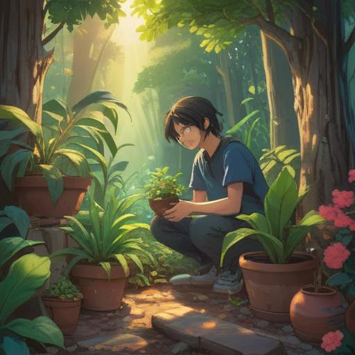 A serene and contemplative scene, a person gently placing a potted plant on the ground, sunlight filtering through trees, symbols of spiritual signs subtly appearing in the air, representing growth and change, emotional expressions reflecting sadness and hope, natural setting, soft focus, vibrant greens and warm earth tones, 4k