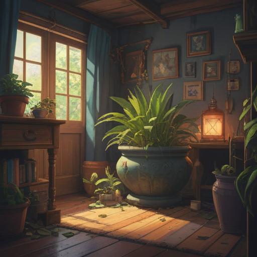 A serene illustration of a cozy home interior, a discarded plant pot in the foreground, vibrant lucky items like a small statue, charms, and lucky bamboo arranged on a sunny windowsill, the gentle light casting warm shadows, a sense of renewal and hope, inviting atmosphere, detailed textures, soft colors, 4k