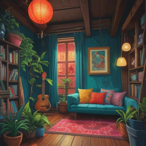 A vibrant interior space filled with beautiful decor items, featuring unique artistic pieces that enrich the atmosphere, a cozy nook with plants and textiles, warm lighting casting soft shadows, inviting and inspiring ambiance, thoughtful arrangement of furniture, harmonious color palette, a sense of tranquility and creativity, 4k