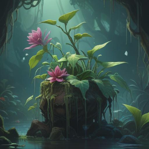 A serene, ethereal illustration of a wilting plant bathed in soft light, symbolic of spiritual growth and transformation, surrounded by gentle mist, hints of vibrant energy emanating from the roots, a peaceful garden setting, the contrast of decay and renewal, emphasizing the beauty in endings as new beginnings, a contemplative atmosphere, dreamy colors, 4k