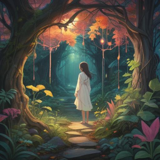 A mystical garden setting, wilting plants with faded leaves, ethereal light filtering through, ghostly figures representing emotional energy, symbols of neglect and care, serene atmosphere with a hint of melancholy, spiritual essence, vivid contrast, 4k