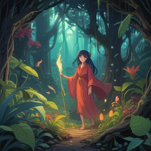 A mystical scene depicting a figure surrounded by withering plants, symbolic representation of spiritual disconnection, ethereal atmosphere, glowing aura emanating from the figure, dark and moody background, contrasting vibrant colors of dying foliage, intricate details in the character's expression, evoking a sense of introspection and loss, 4k
