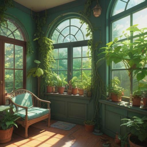 A serene indoor garden scene, vibrant green plants thriving, soft sunlight streaming through a window, peaceful atmosphere, cozy personal space, nurturing elements like watering can and plant pots, harmonious decor with natural materials, inviting environment for growth, 4k
