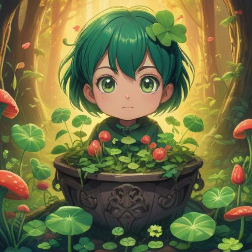 A vibrant illustration featuring a collection of lucky items for plant growth, including a four-leaf clover, a small figurine of a green thumb, a watering can with a smiley face, sunny rays illuminating lush green leaves, cheerful potted plants, a whimsical garden scene, bright colors, positive energy, detailed textures, 4k