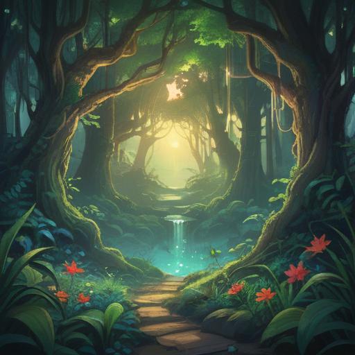 A vibrant illustration of lush greenery, mystical energy emanating from plants, spiritual symbolism of growth and vitality, ethereal light surrounding nature, serene environment, harmonious balance between life and energy, intricate details of leaves and roots, peaceful ambiance, 4k