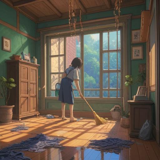 A serene scene depicting the spiritual meaning of mopping, gentle light filtering through a window, a person mopping the floor mindfully, surrounded by soft reflections and calming colors, embodying a sense of purification and mindfulness, connected to nature, peaceful atmosphere, meditative state, 4k