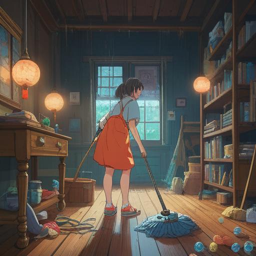 A person happily cleaning the floor, holding a mop, colorful orbs of light floating around, subtle hints of spirituality, a serene atmosphere, a bright and inviting home interior, reflections of energy symbols on the floor, a gentle aura surrounding the figure, engaging with the environment, 4k