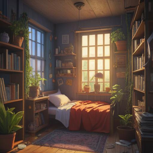 A cozy room after cleaning, sunlight streaming through the window, vibrant plants symbolizing growth, a neatly organized shelf with lucky charms, a welcoming atmosphere, details of a clean floor and bright colors, elements representing positive energy, 4k