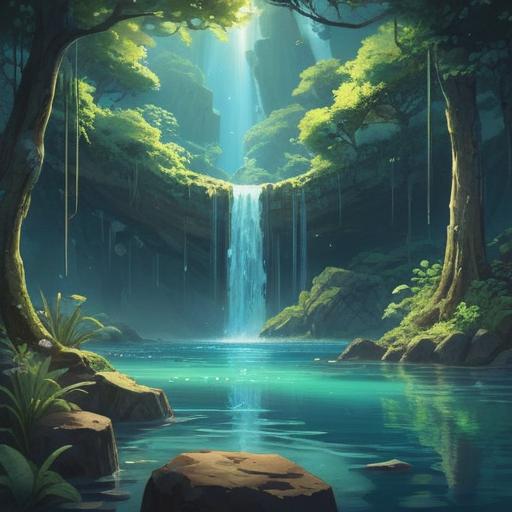 A serene scene depicting a water purifier, ethereal light filtering through, representing clarity and purification, tranquil reflections on the water's surface, symbolic journey towards spiritual enlightenment, harmonious colors, calming atmosphere, detailed elements of nature surrounding the purifier, 4k