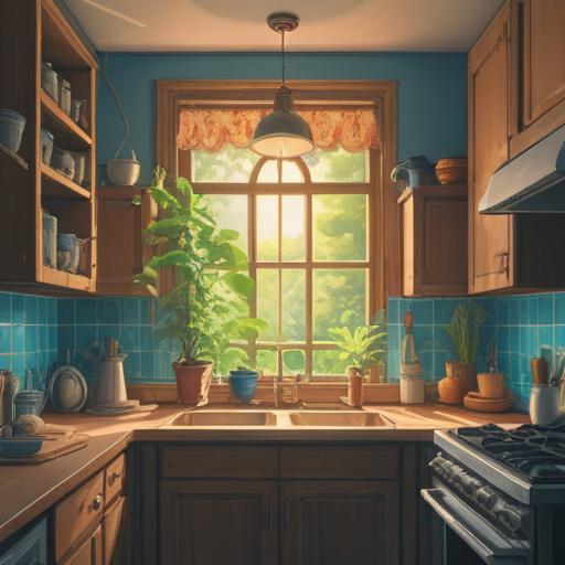 A serene scene featuring a water filter in a sunlit kitchen, soft rays of light streaming through a window, a peaceful atmosphere, fresh fruits and a glass of crystal-clear water beside the filter, symbolizing purity and healing, gentle reflections on the water surface, harmonious colors, tranquil environment, a sense of well-being and spirituality surrounding the setup.