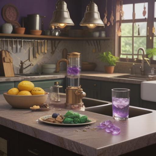 A serene kitchen setting, a sparkling water purifier on the countertop, surrounded by various lucky stones like amethyst, citrine, and quartz, each emitting a gentle glow, a harmonious blend of nature and technology, sunlight streaming through the window, creating a tranquil atmosphere, the table set with refreshing glasses of water, vibrant greenery in the background, 4k