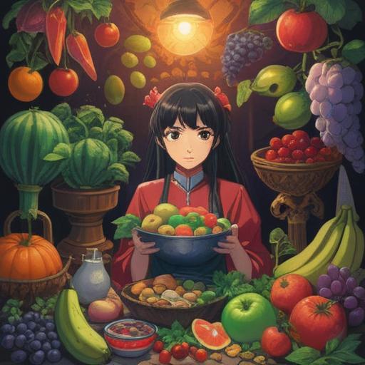 A serene arrangement of purifying foods such as fresh fruits, vibrant vegetables, and herbs, glowing softly under gentle light, symbolizing spiritual cleansing and renewal, harmonious colors, elegant presentation, calming atmosphere, surrounded by nature, subtle energy aura, invoking feelings of well-being and serenity, 4k