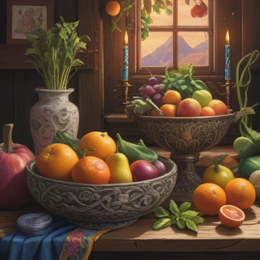 A vibrant still life of lucky foods for purification, featuring colorful fruits and vegetables, beautifully arranged on a wooden table, glistening with fresh water droplets, symbolic elements such as rice and green tea, warm sunlight streaming through a window, serene atmosphere, inviting and wholesome, 4k