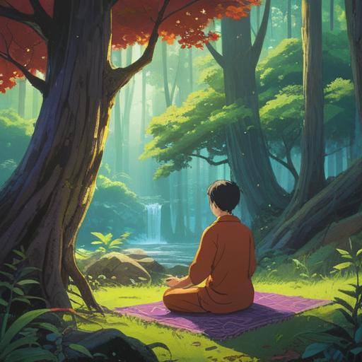 A calming scene depicting spiritual cleansing, vibrant energy surrounding a person meditating, serene nature setting with gentle sunlight filtering through trees, colorful aura indicating positive transformation, symbols of harmony and healing in the environment, peaceful facial expression reflecting inner peace, sense of connection to the universe, 4k