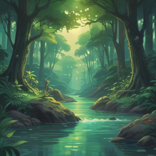 A serene and ethereal scene depicting purification's spiritual impact, soft light filtering through lush green leaves, a tranquil river flowing gently, symbols of cleansing like water and light, serene meditative figures reflecting harmony, English text elements subtly integrated, inviting atmosphere, 4k