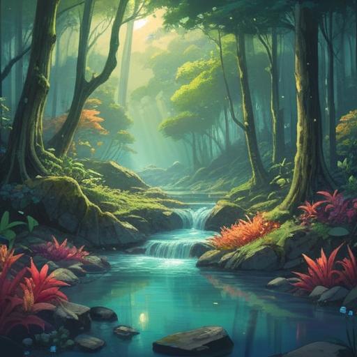 A serene landscape symbolizing spiritual purification, gentle flowing water, vibrant greenery representing renewal, soft light filtering through trees, peaceful ambiance, delicate flowers blooming, ethereal glow, harmony with nature, 4k
