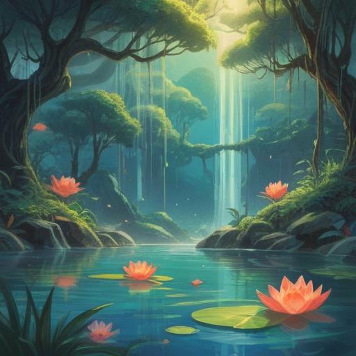 A serene spiritual illustration, vibrant colors, ethereal light, symbols of purification, peaceful nature scene, gentle flowing water, key to positive transformation, harmonious atmosphere, mystical elements, 4k