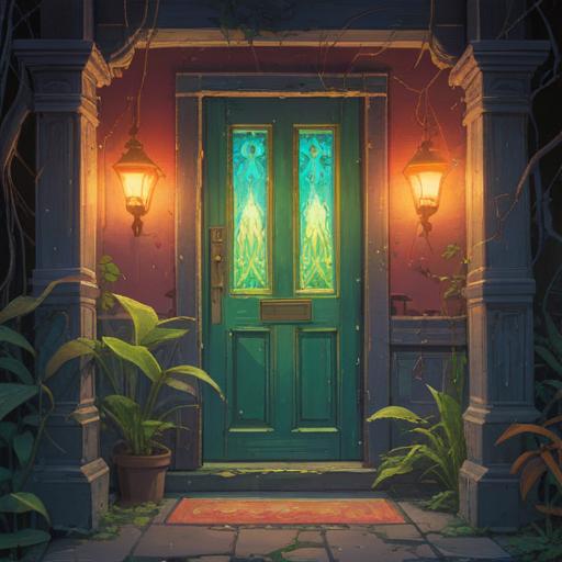 A metaphorical representation of self-discovery through purification, an ethereal light shining through a door, vibrant colors depicting transformation, abstract shapes symbolizing change, serene nature elements surrounding the door, a figure reaching towards the light, a sense of hope and renewal, mystical atmosphere, 4k