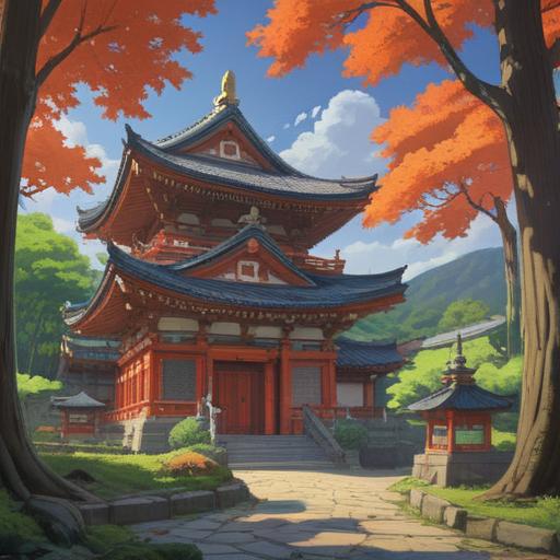 A serene depiction of Hitachi Kuni Izumo Taisha, sacred Shinto shrine, surrounded by ancient trees, peaceful atmosphere, spiritual energy emanating, traditional architecture, vibrant autumn leaves, visitors offering prayers, historical significance, tranquil landscape, 4k