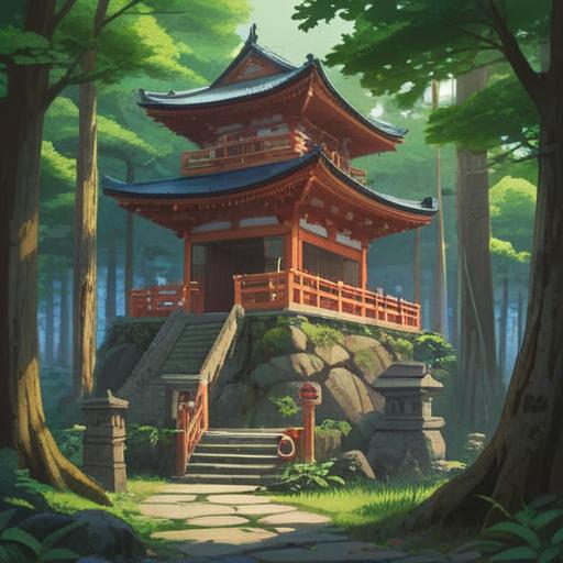 A serene and tranquil scene depicting the Hitachi Kuni Izumo Taisha, ancient Japanese architecture, lush green surroundings, a gentle breeze rustling through sacred trees, sunlight filtering through the leaves, a peaceful atmosphere, symbol of spiritual guidance, intricate torii gates, people engaged in quiet meditation, mystical aura, 4k